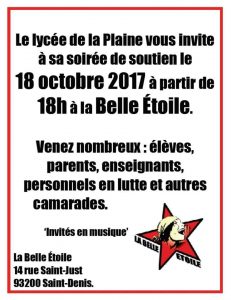 Soirée de soutien aux profs, élèves et parents du Lycée de La Plaine en lutte - mercredi 18 octobre - 18h @ La Belle Étoile | Saint-Denis | Île-de-France | France